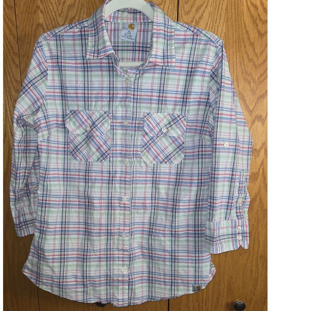 Carhartt Women Plaid Button Down Shirt XL Green Blue Pink Roll Tab Sleeve Cotton